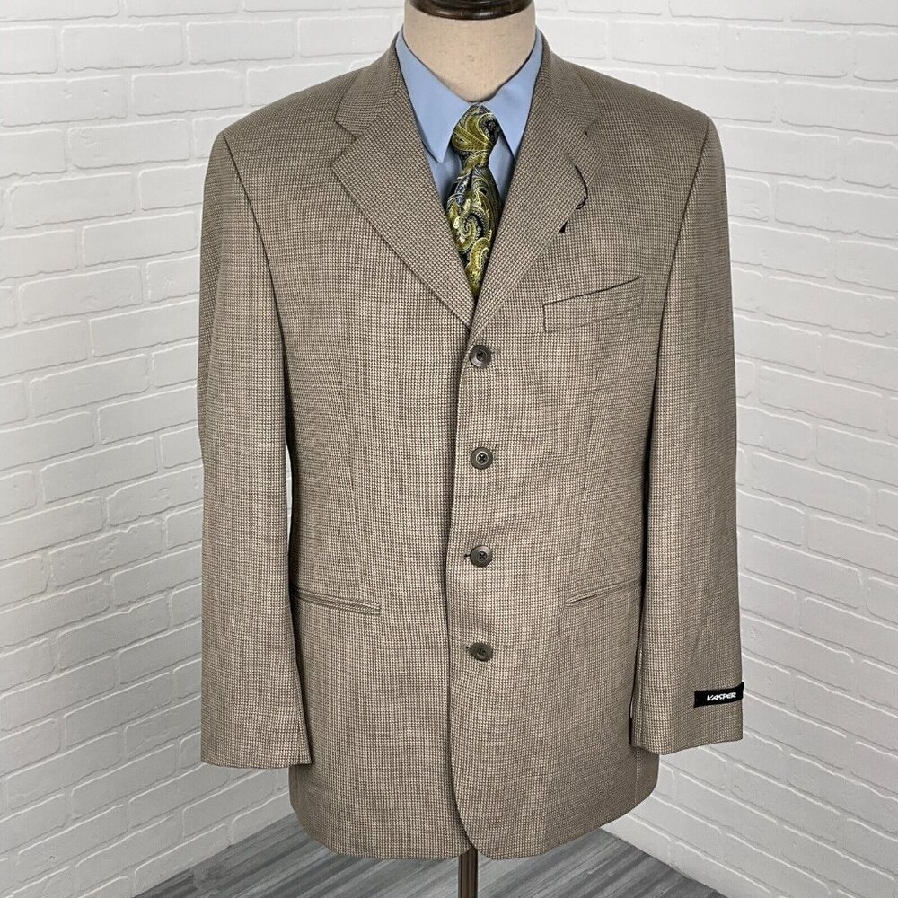 Kasper Blazer Men 39R Beige Gray Four Button Check Wool Classic Career NWT